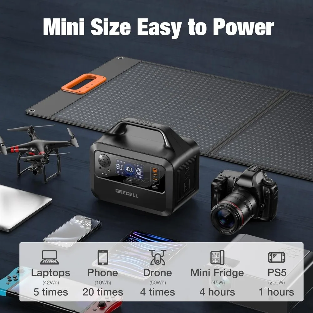 Estação de energia portátil Grecell 300W com bateria LiFePO4 de 230Wh, carregamento rápido de 1,5 horas, tomadas CA duplas de 300W (pico 600W), solar