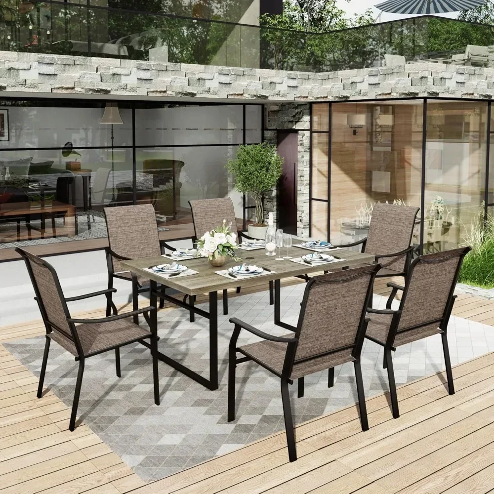 

Outdoor Patio Dining Set ,6 Brown Textilene Chairs with 1.61"~2" Umbrella Hole, Outdoor 7pcs Patio Furniture Sets