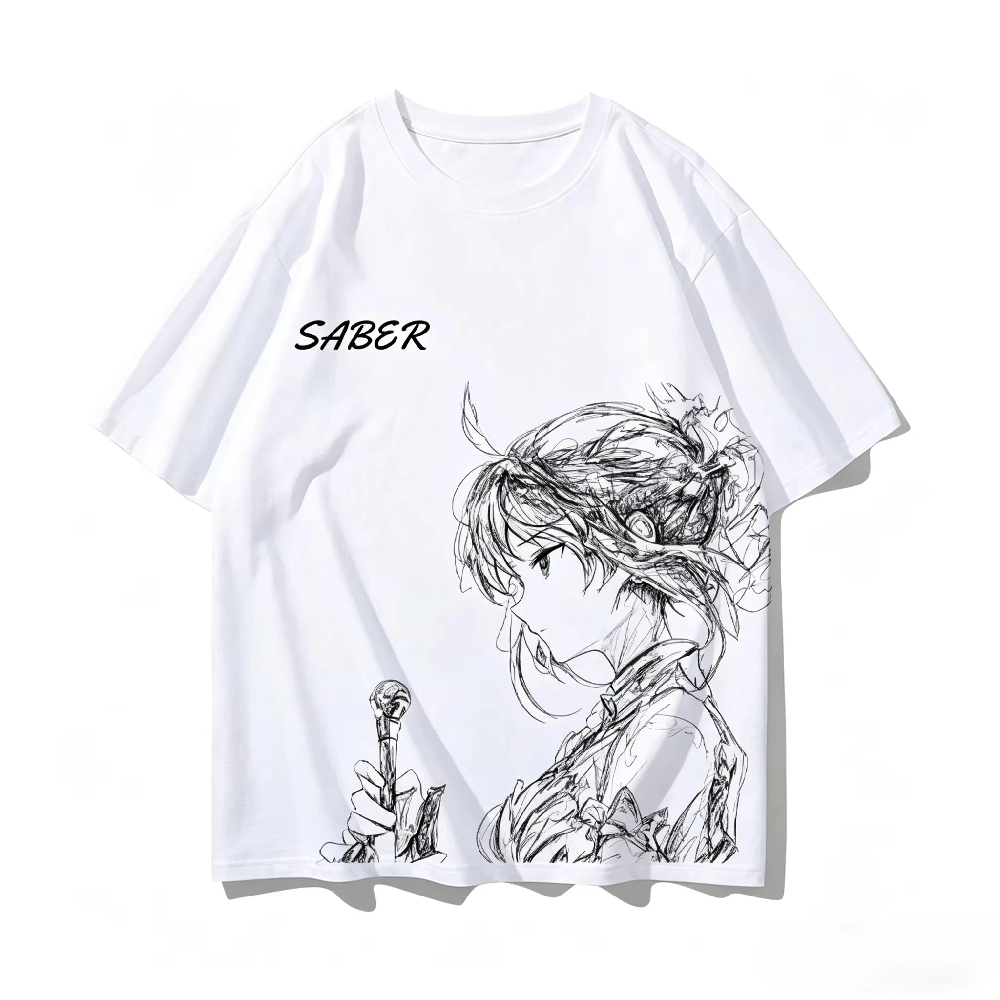 2026 Summer Anime Fate Stay Night Oversized T-shirt Saber Artoria Pendragon Sketch Print Casual Streetwear Cotton Graphic Top