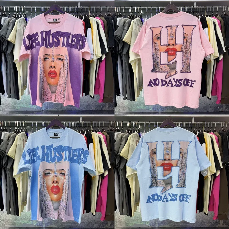 Quality Casual Round Neck T-shirt Street Couple Figure Pattern Letter Hot Stamping New Cotton Life Hustlers Short Sleeved Top