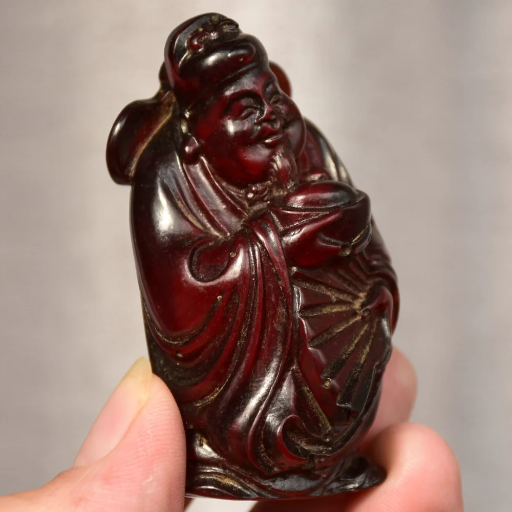 Hand Carved Red Amber God of Wealth Mammon Figurine 7CM Chinese Feng Shui Wealth Luck Statue Holding Ingot Fan Desktop Ornament