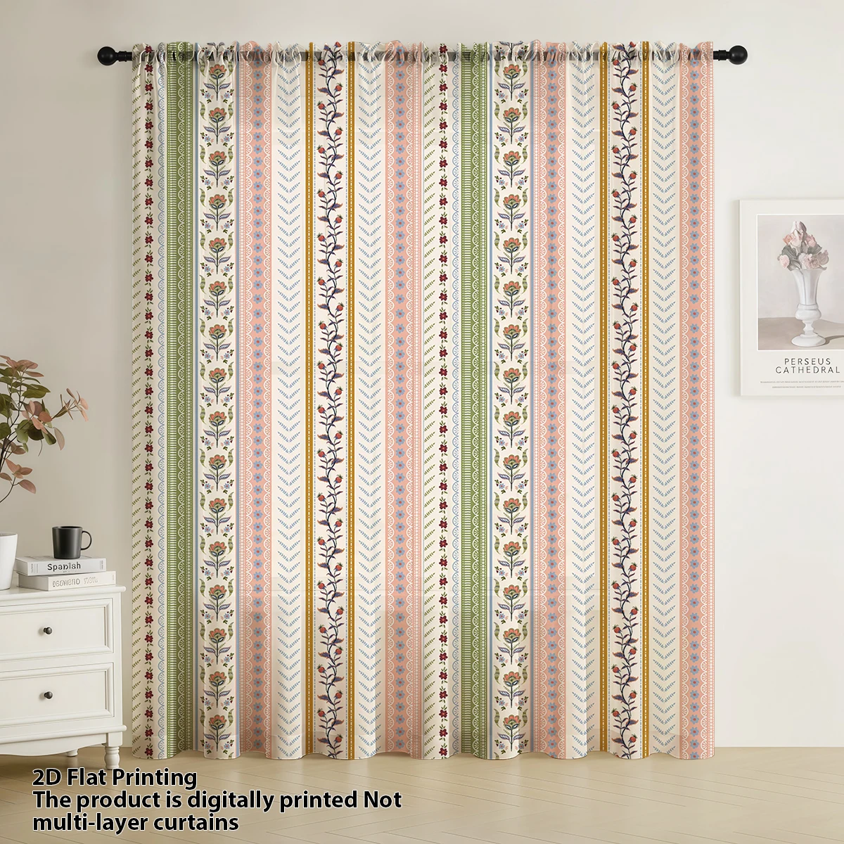 Retro Countryside Floral Stripe Window Curtain Sheer Rod Pocket Light Vintage Artistic Warm Decorative Window Treatment