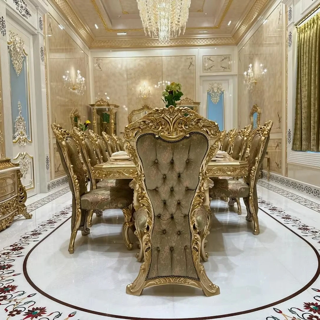Italian Vanity Design  Solid Hard Wood Dinner Table Set Rectangle Full Luxury Dining Table and Chair Set 10-12 Seater