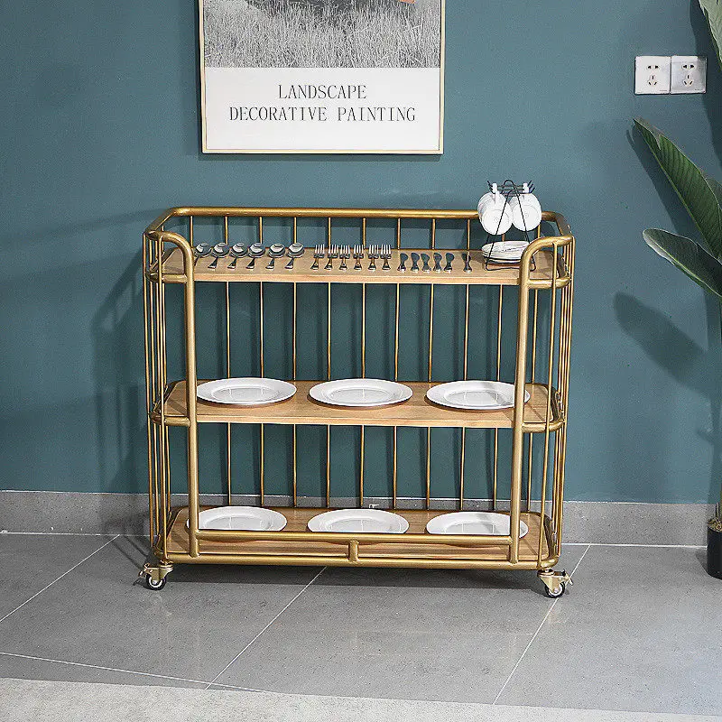 Wrought iron solid wood multi-layer shelf display shelf bookshelf shelf wine rack mobile baffle storage rack dining side cabinet