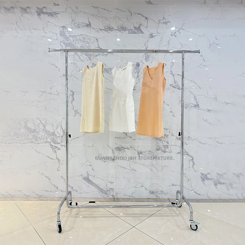 customized.Heavy Duty Silver Stretchable Single Bar Garment Display Rail Stand On Wheels Adjustable Steel Clothes Display