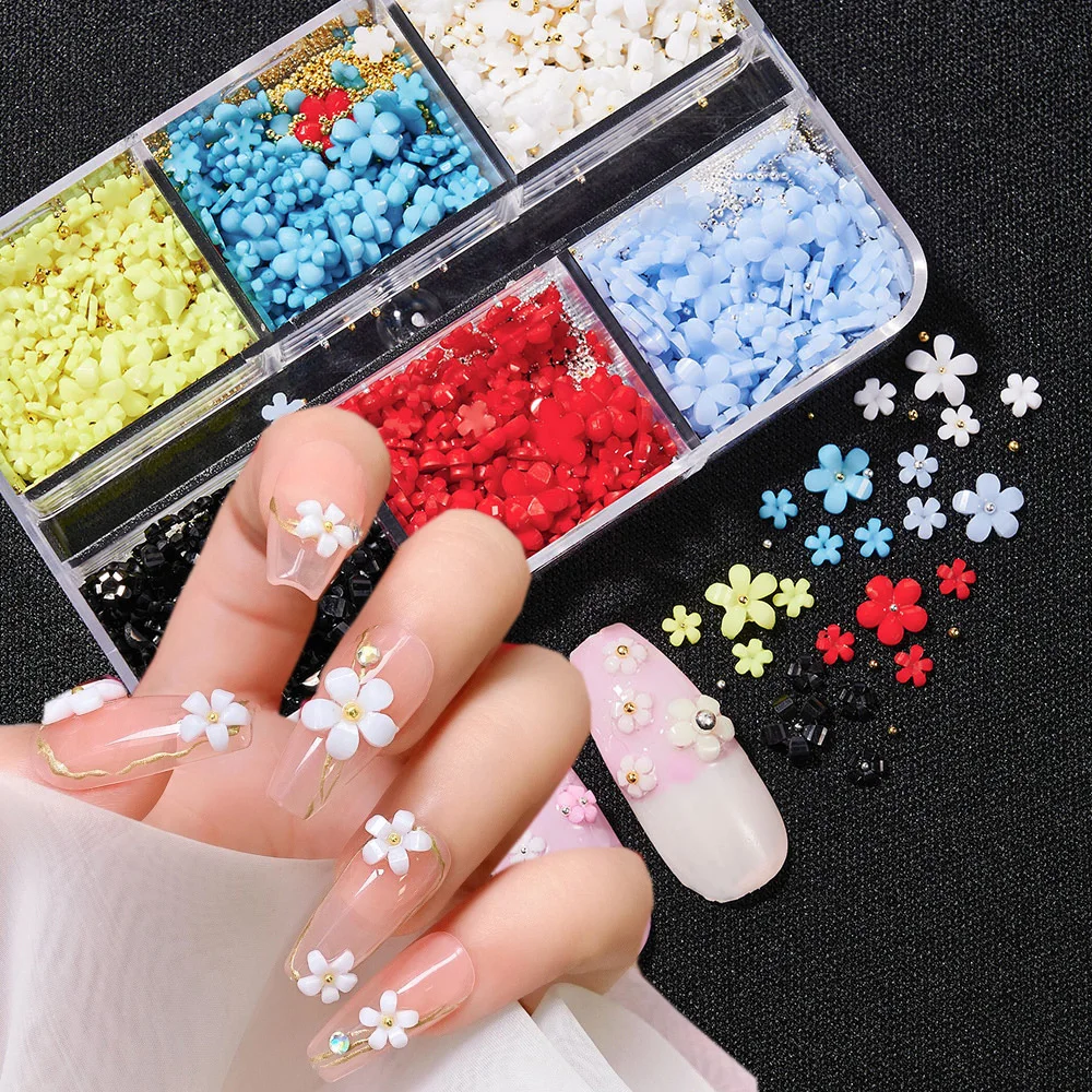 6 Grids 3D Acrylic Flower Nail Art Decorations 3/6mm Mixed Size Five Petal Florets Nail Charms Gold Silver Steel Balls Nail Gems