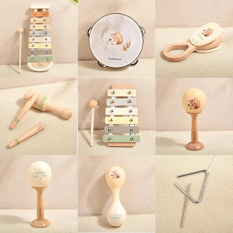 Instrumentos musicales, juguetes de madera Montessori, xilófono, sonajero, tambor, juguetes educativos de iluminación musical para bebés, regalos de Navidad para niños