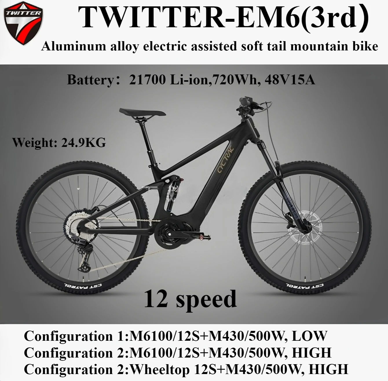 

TWITTER 2025 new EM6-3rd aluminum alloy electric assisted soft tail mountain bike, equipped with Bafang Mid, M430-48V500W