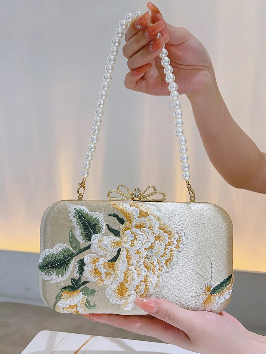 Golden Peony Handbag Cheongsam Handbag Small Square Embroidery Bag Banquet Wedding Bag Clutch Purses For Women Evening