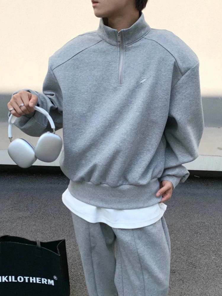 

Autumn Winter Men's Hoodie Zip up Hard And Stiff American Sle Stand Collar Jaet Trendy Loose Fit Long Sve Pure Color