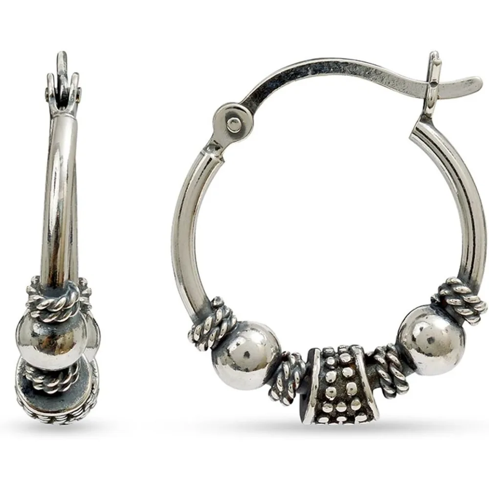 

925 Silver Oxidized Small Beaded Hoop Earrings Antique Style for Women