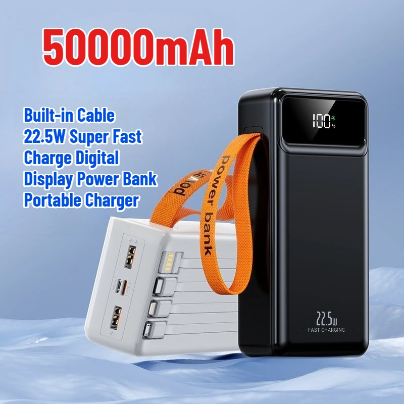 50000mAh Built-in Cable 22.5W Super Fast Charge Digital Display Power Bank Portable Charger