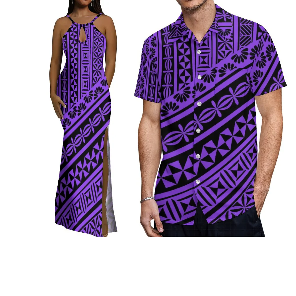 Een Polynesisch koppel uit de Stille Oceilanden op maat gemaakt Een zomerjurk en shirt met traditionele tribale bloemenprints