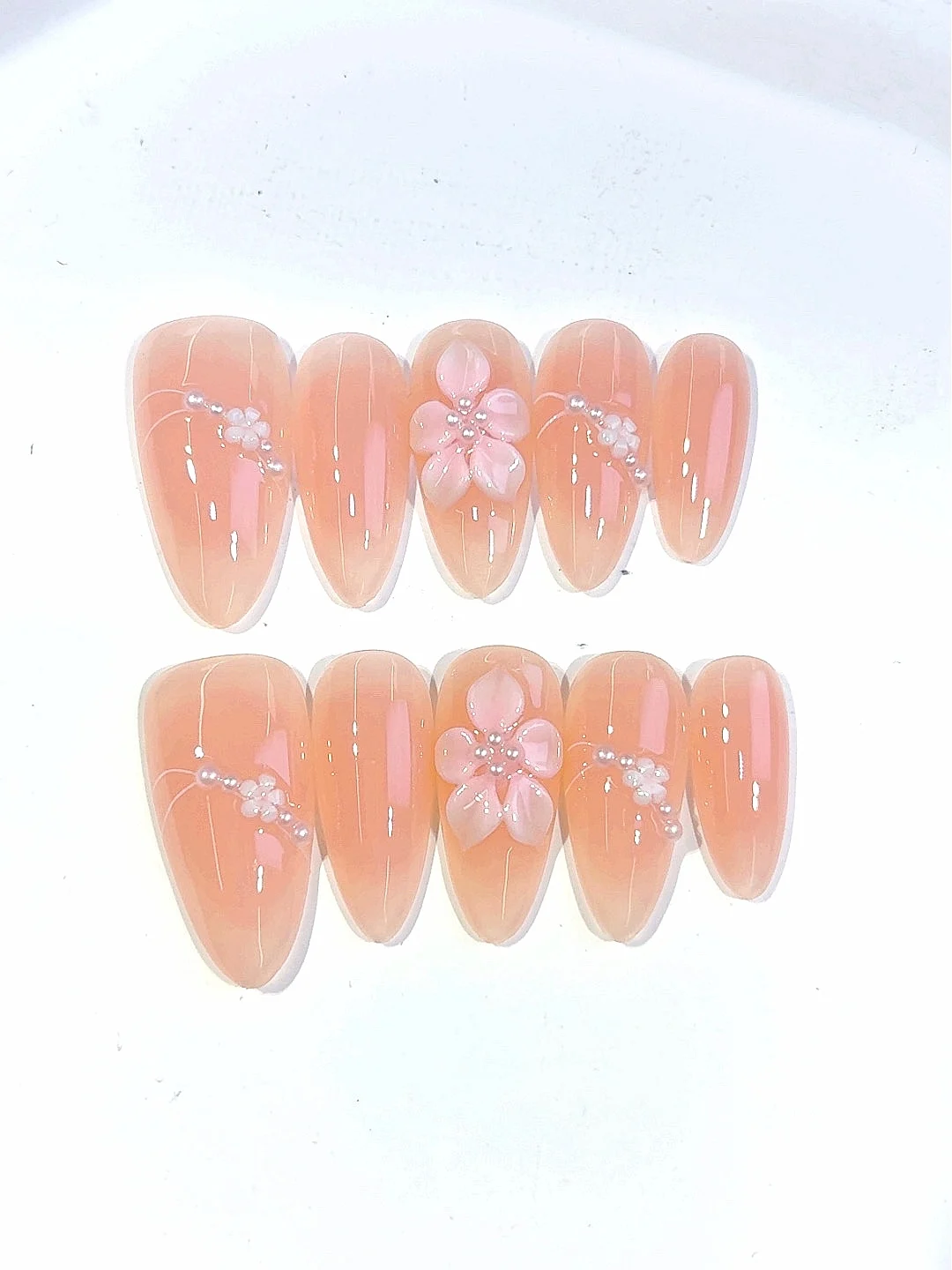 Perzikroze 3D bloem parel strass amandel pers op nagels, handgemaakte kunstnagels set voor vrouwen (C443)