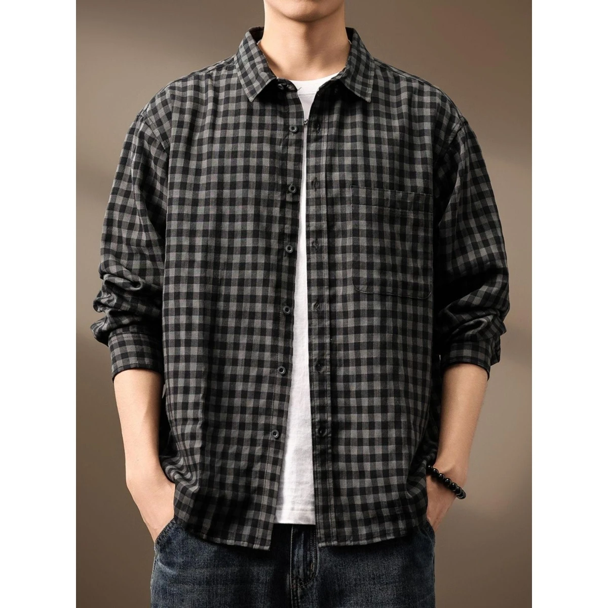 High-End Men's Plaid Shirt Casual Loose Fit Autumn 2025 New Style  Color Woven Workwear Jacket Waterproof Polyester Fiber