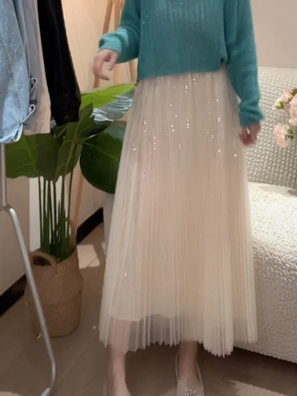 

iny Sequin Me A-Line Skirt Women's High Waist Loose Slimming Sweet Princ Sle Spring 2025 Korean Faion