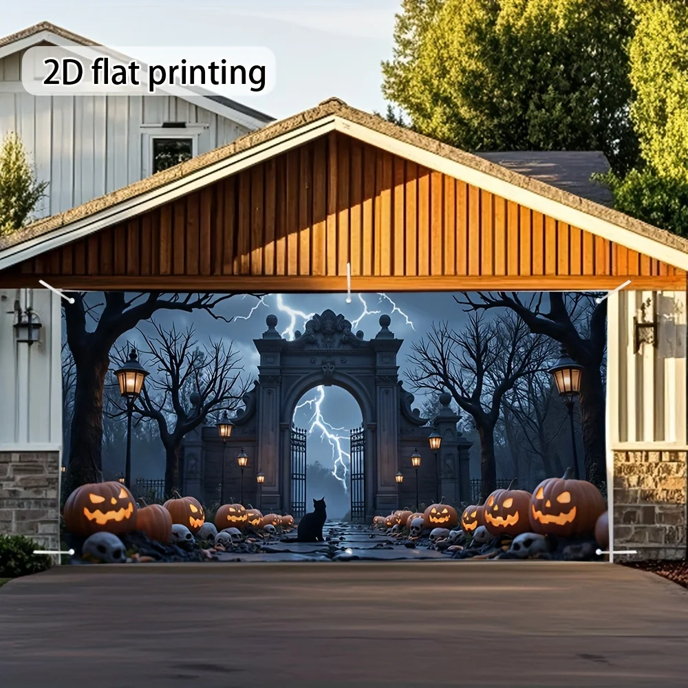 2D-Türbanner, 1 Stück Halloween-Garagentorabdeckung – Grießige Friedhofscene mit Jack – Black Cat und Lightning-Design