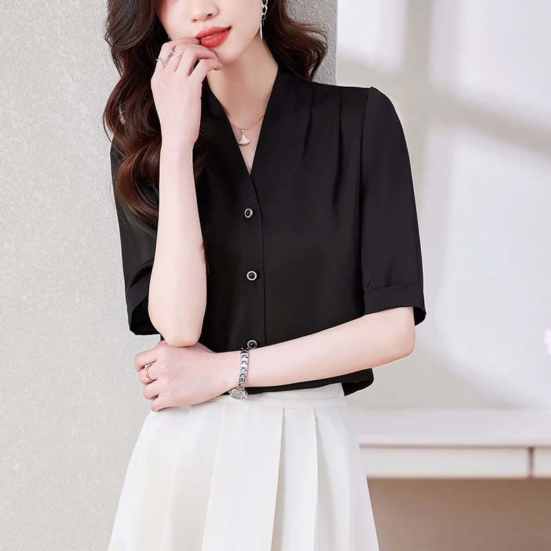 Women Summer Korean Fashion Satin Button Shirts Office Lady Elegant Business Casual Blouses Solid V Neck Short Sleeve Slim Tops