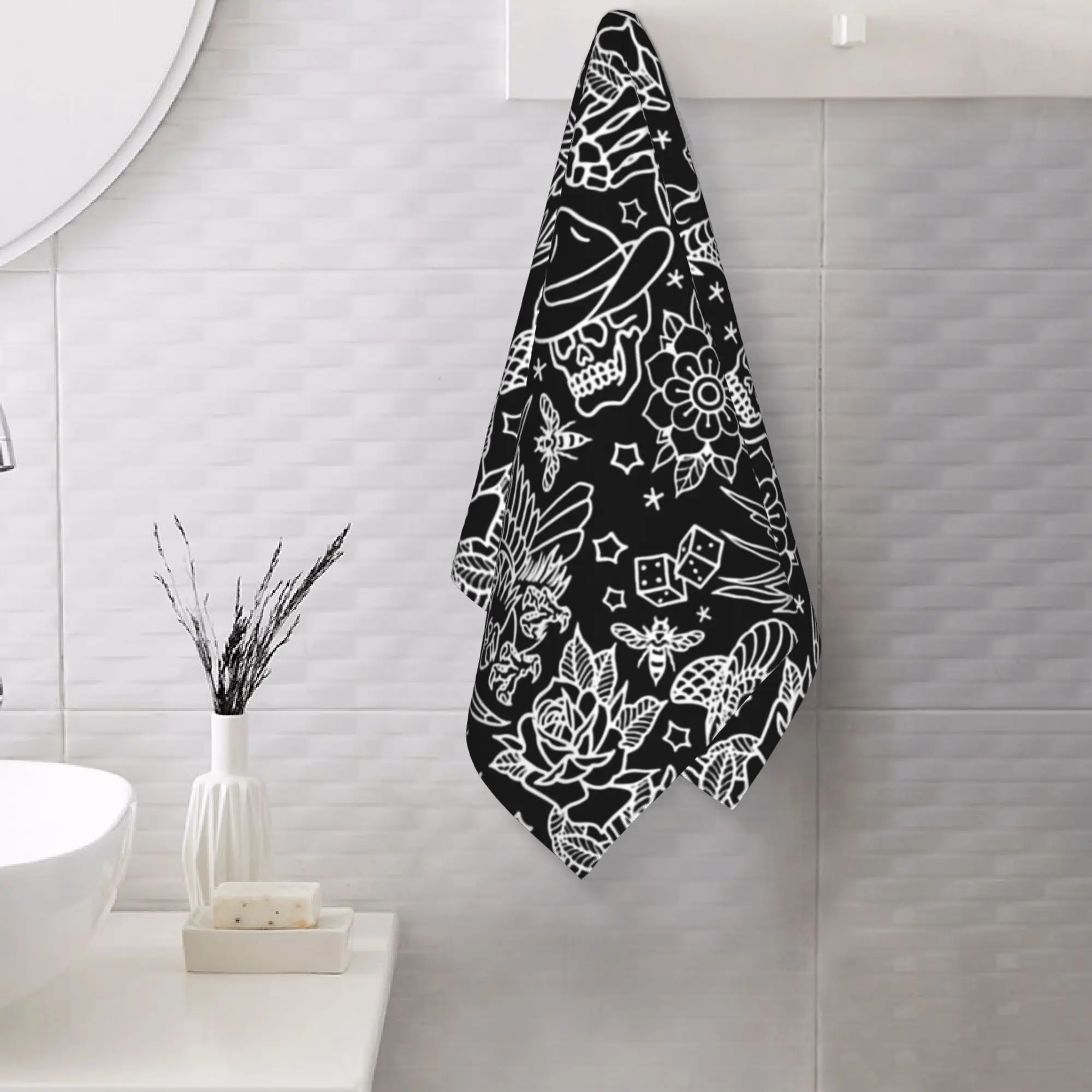 Toalla Facial Suave con Estampado de Tatuajes Tradicionales Americanos, Toalla de Algodón de Secado Rápido para Piscina y Baño, Absorbente
