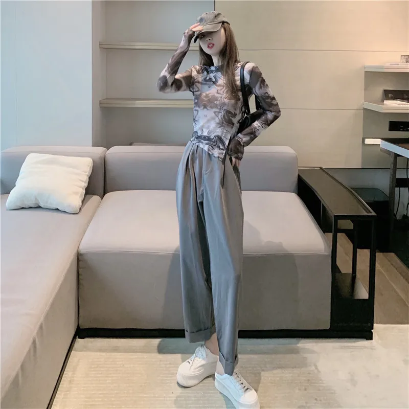 Tie-Dye Mesh Print Sunscreen Base Shirt Women's Split INS Trendy Summer New Ice Silk Thin T-Shirt Top Breathable Casual Commu...