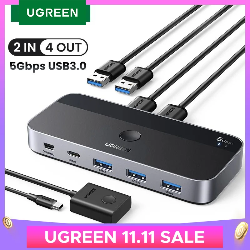 UGREEN USB Switch USB 3.0 Switcher Switch for PC Keyboard Mouse Printer 2 PCs Sharing 4 Devices USB Switch