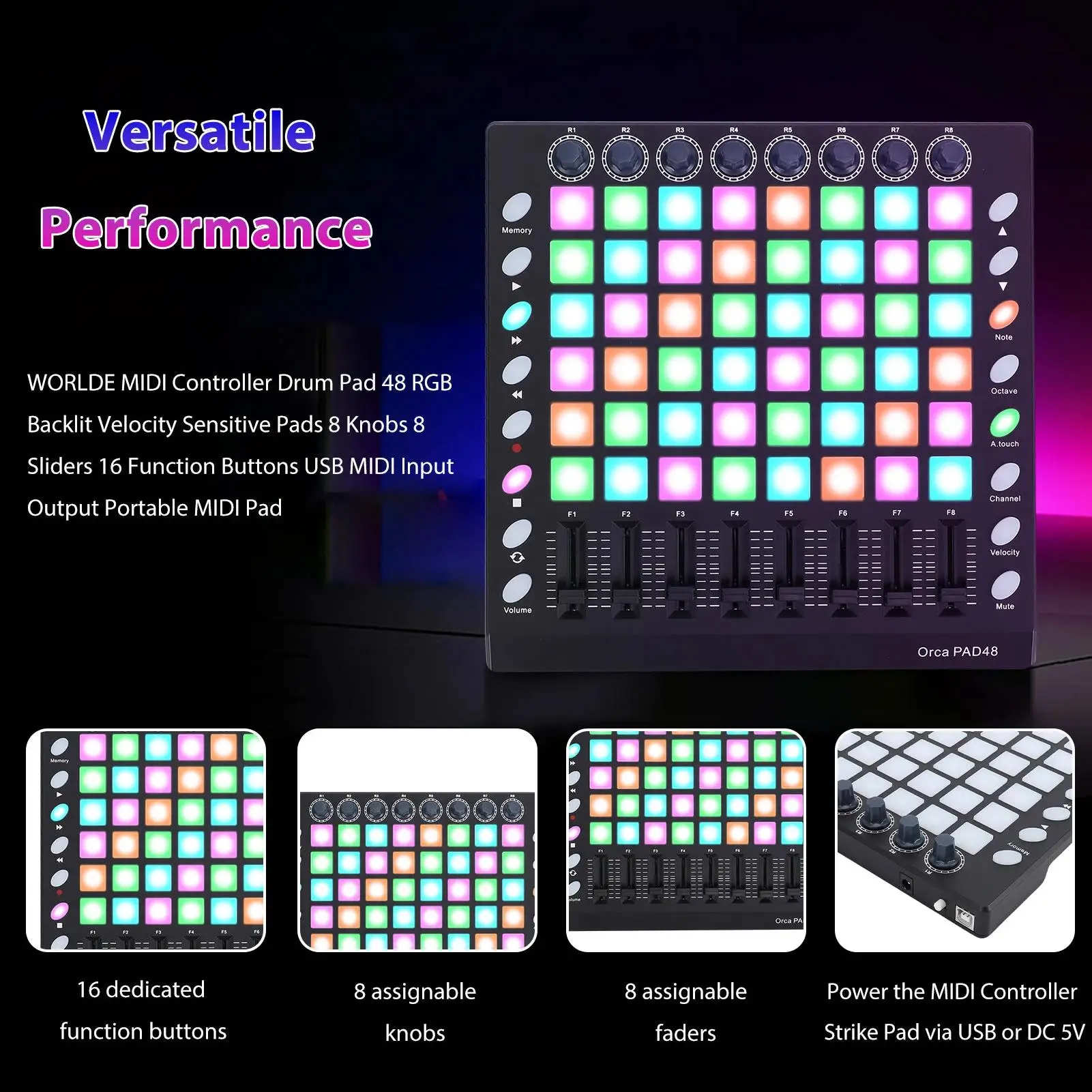 WORLDE PAD48 Beat Machine | 48 RGB Velocity Pads + 8 Knobs/16 Buttons/8 Faders | USB-C DAW Controller for FL/Logic