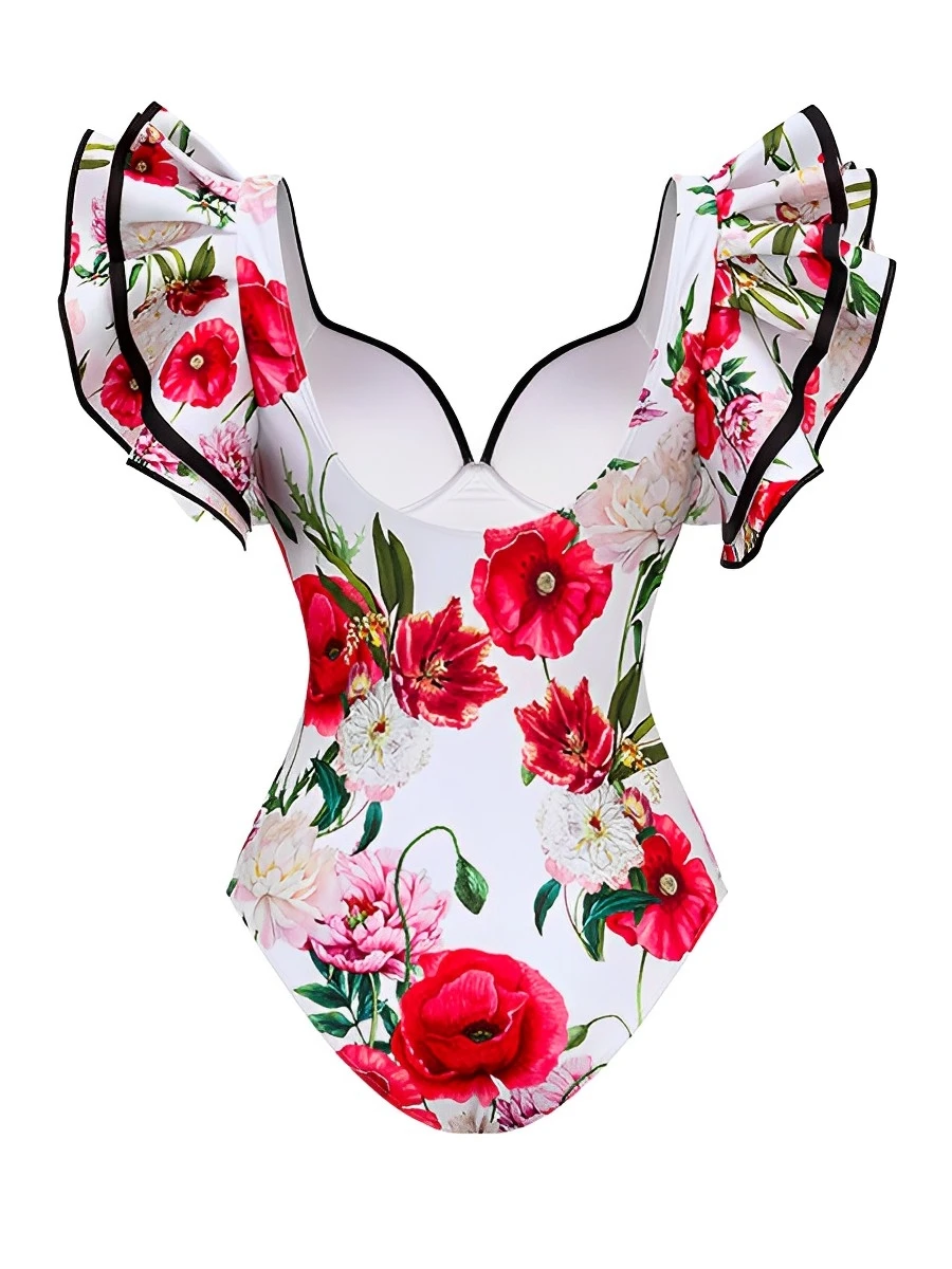 2024 Push Up Floral Frill Shoulder Swimsuit Women One Piece Swimwear Female Beachwear Bathers Bathing Swimming Swim Suit