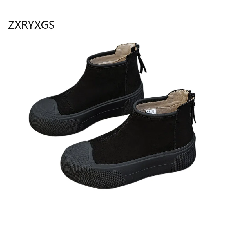 ZXRYXGS Frosted Cowhide Women Leather Boots Single Shoes Woman Boots Flat Platform Sneakers Autumn Winter Boots Trendy Shoe 2025