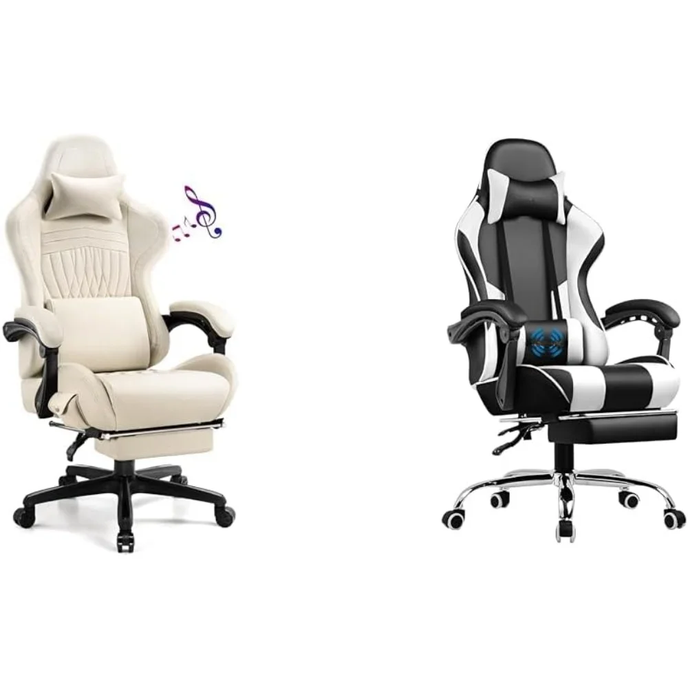 Gaming Chair, Computer Chair ，High Back Ergonomic , Reclining Gaming Chair with Linkage Armrests(Leather, Ivory)