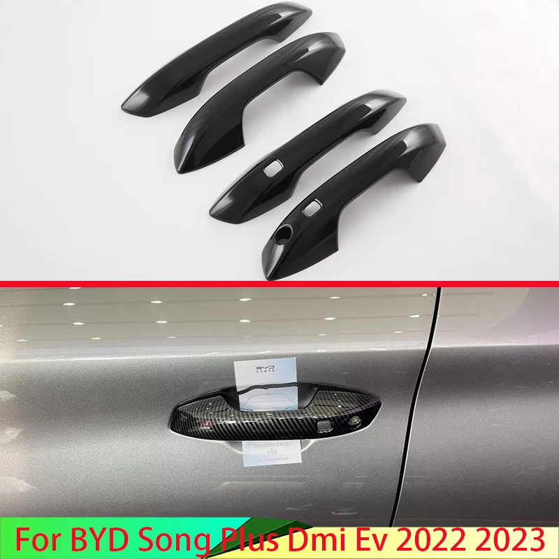 For BYD Song Plus Dmi Ev 2022 2023 Carbon Fiber Style Door Handle Cover With Smart Key Hole Catch Cap Trim Molding