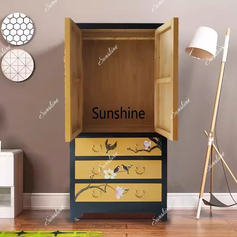 New Chinese bedroom solid wood wardrobe pastoral locker