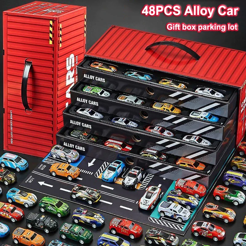 48PCS Container Simulation Alloy Car Model Finale Alloy Inertia Pull Back Mini Car Toy Boy Engineering Car Set Toy Birthday Gift