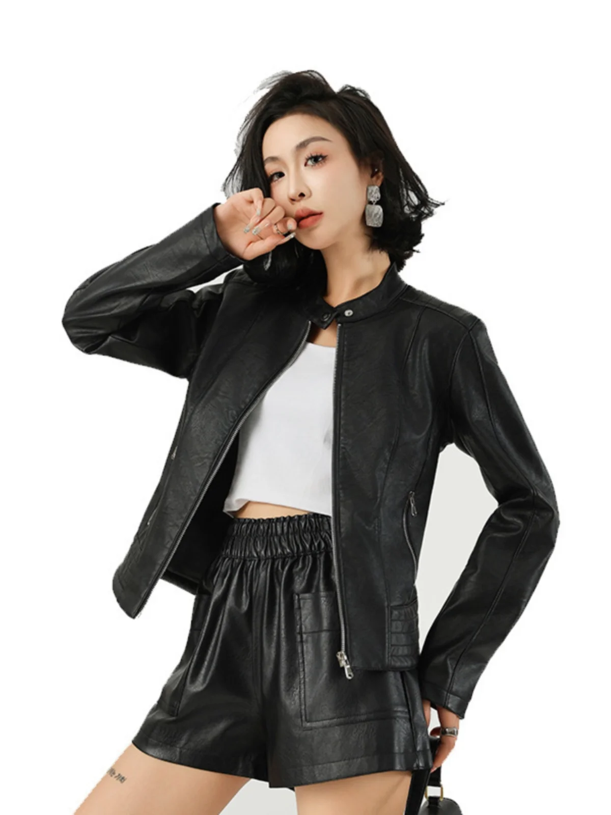 Jaet de cuero Sle para motocicleta para mujer, abrigo Sexy de motociclista de cuero PU con cierre de cremallera larga, abrigo ajustado para ir al trabajo