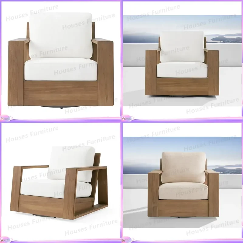 Outdoor Teak Swivel Chair Solid Wood Patio Furniture Garden Deck Lounge Seat Weather Resistant Rotating Armchair for Backyard