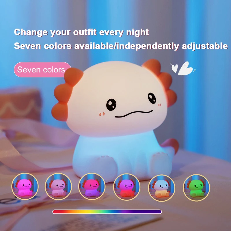 Pink Axolotl LED Night Light USB Rechargeable Touch Lamp 3 Levels Brightness Timing Light Cute Animal Bedside Lamp Gift for Kids