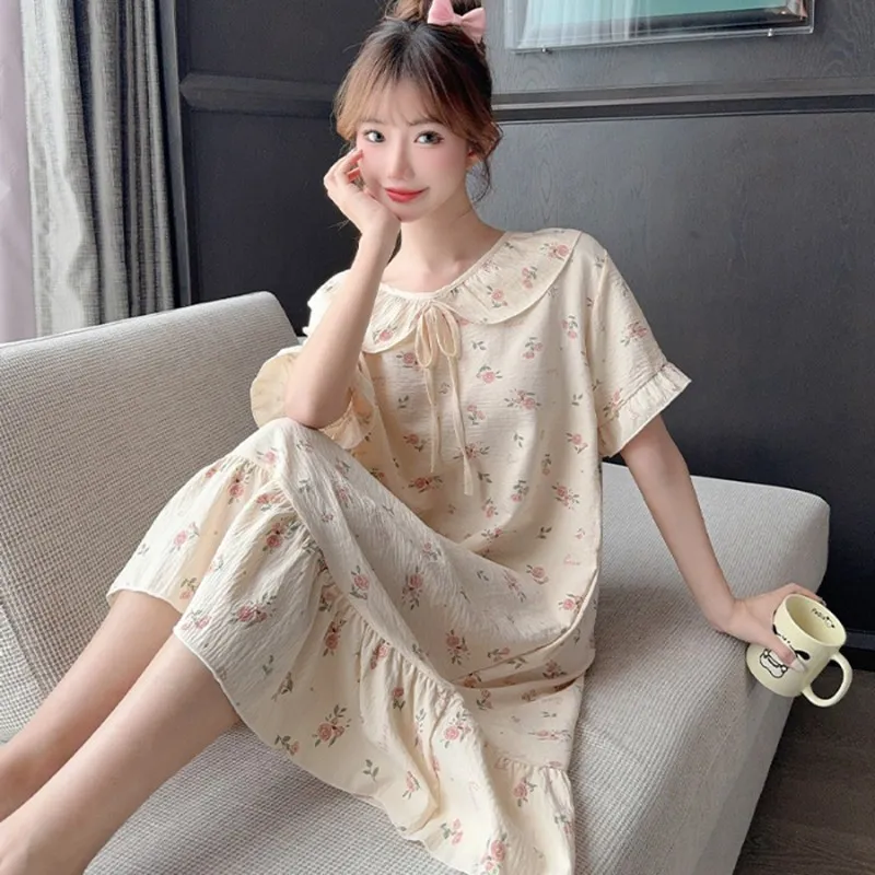 Pass Time Summer short sleeved pajamas one piece women lovely print homewear casual pajama OP1778