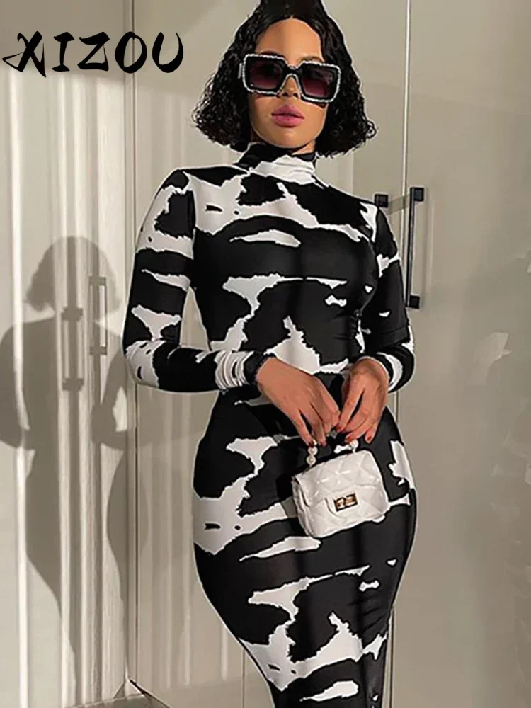 

XIZOU Cow Print Bodycon Maxi Dress 2024 Autumn Winter Long Sleeve Turtleneck Women Fashion Party Club Sexy Outfits Clothing