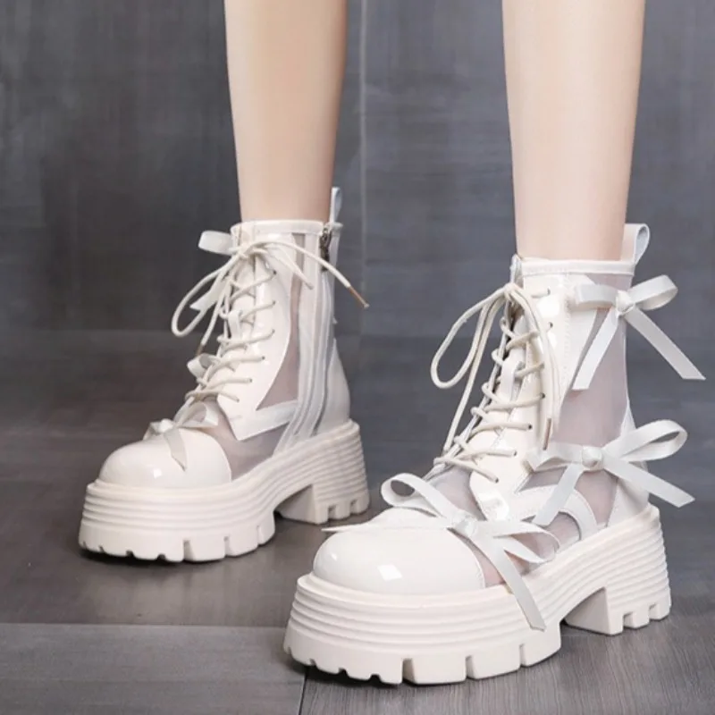 

New Women's Lolita Shoes Fashion Air Mesh Summer Boots for Woman Exquisite Bow Platform Ankle Boots Designer Shoes Botas Mujer