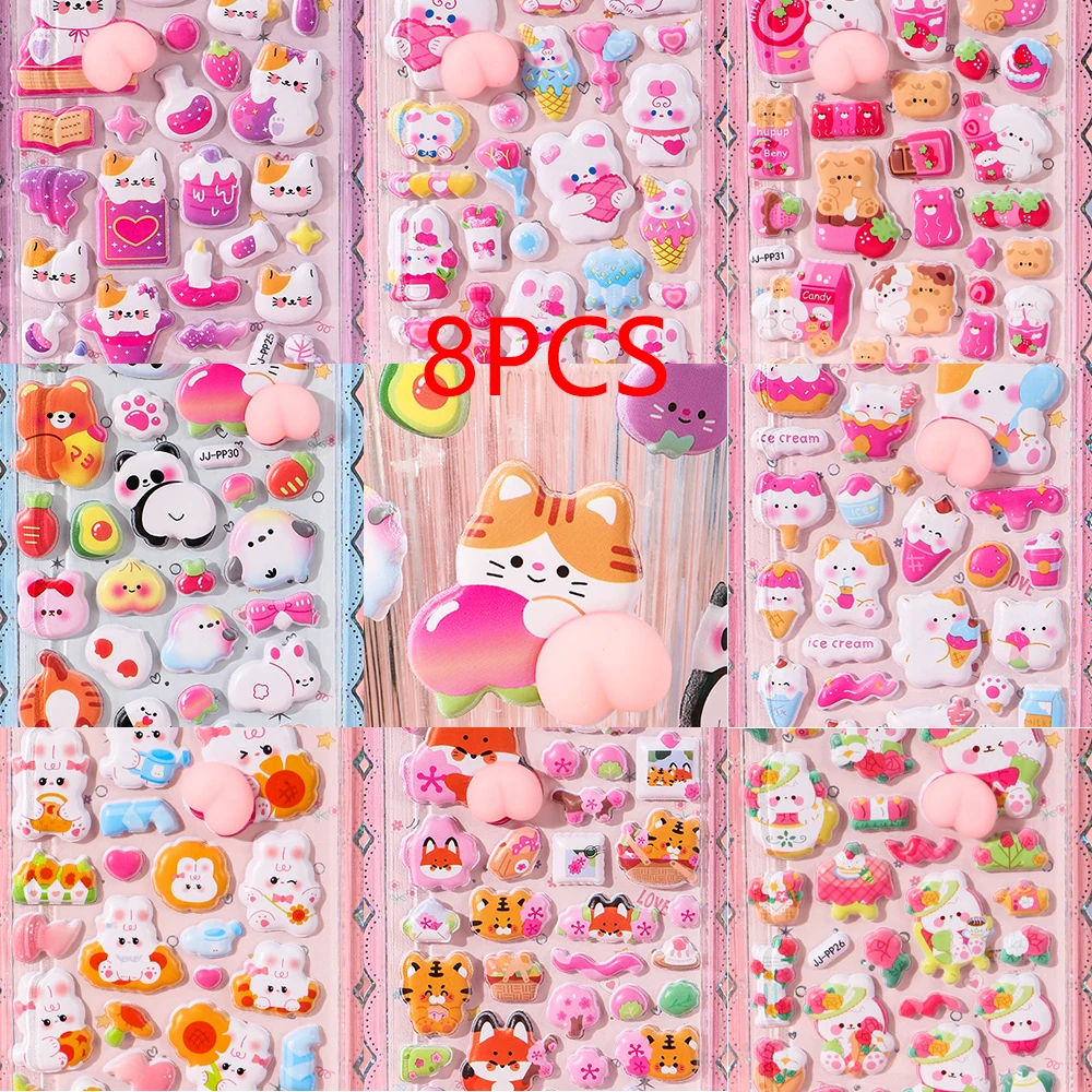 

8pcs Cartoon Animal PP Stcikers Cute Rabbit Cat Happy Soft Butt Sticker DIY Notebook Kawaii Stress Relief Bubble Decals Toy Gift