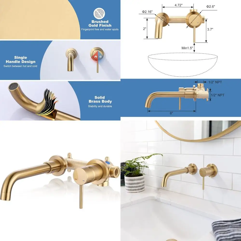 

Однорычажный настенный смеситель для раковины из матового золота с поворотным изливом и скрытым клапаном