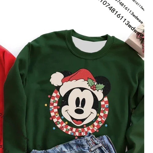 Imagen 2 del producto Nueva sudadera navideña de Mickey Minnie Santa pareja de Disney con capucha para mujer, jersey de cuello redondo que se mantiene caliente, regalo de Navidad familiar de Disney
