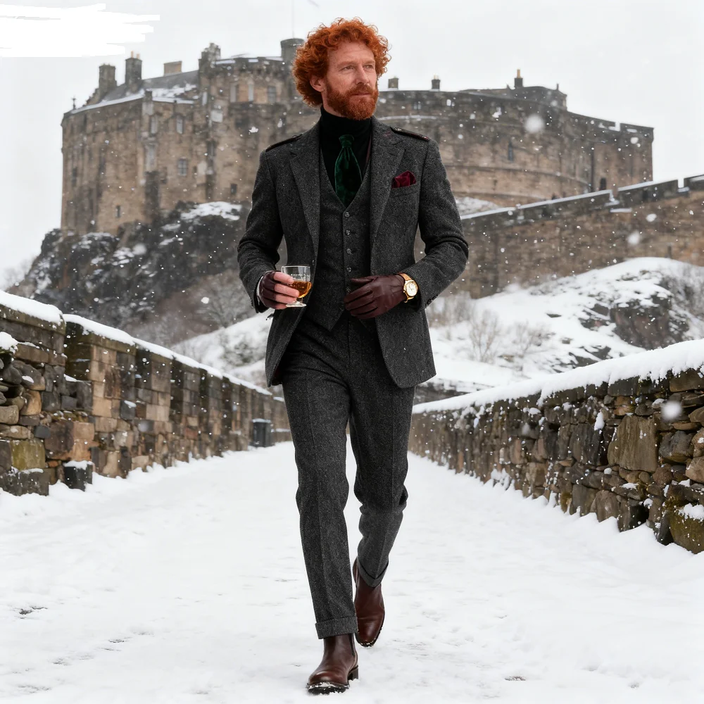 

Men's Digital Print 2-Button Terno Set of 3 Pieces Grey Vintage Fishbone Wedding Suit Traditional Portuguese Male Costume