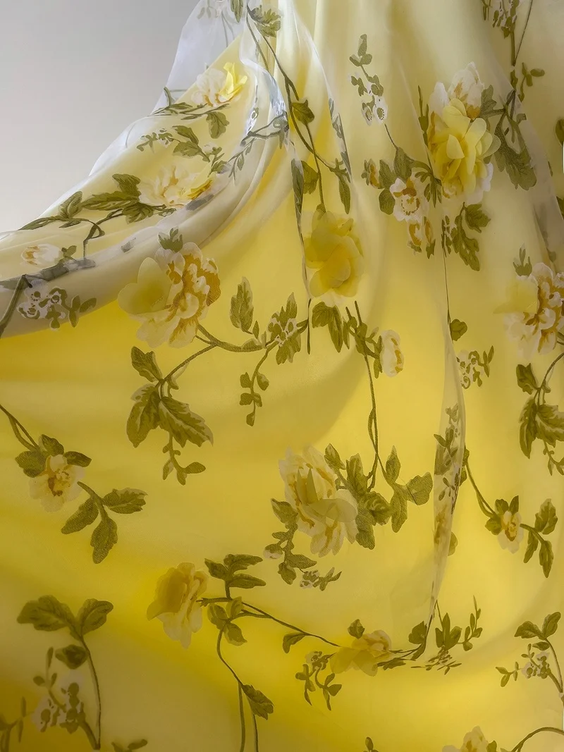 Ele Gelbes, mit Bal besticktes Tüllkleid mit Trägerkleid im 3D-Blumendesign für Hochzeitsdatum und Bankettauftritte