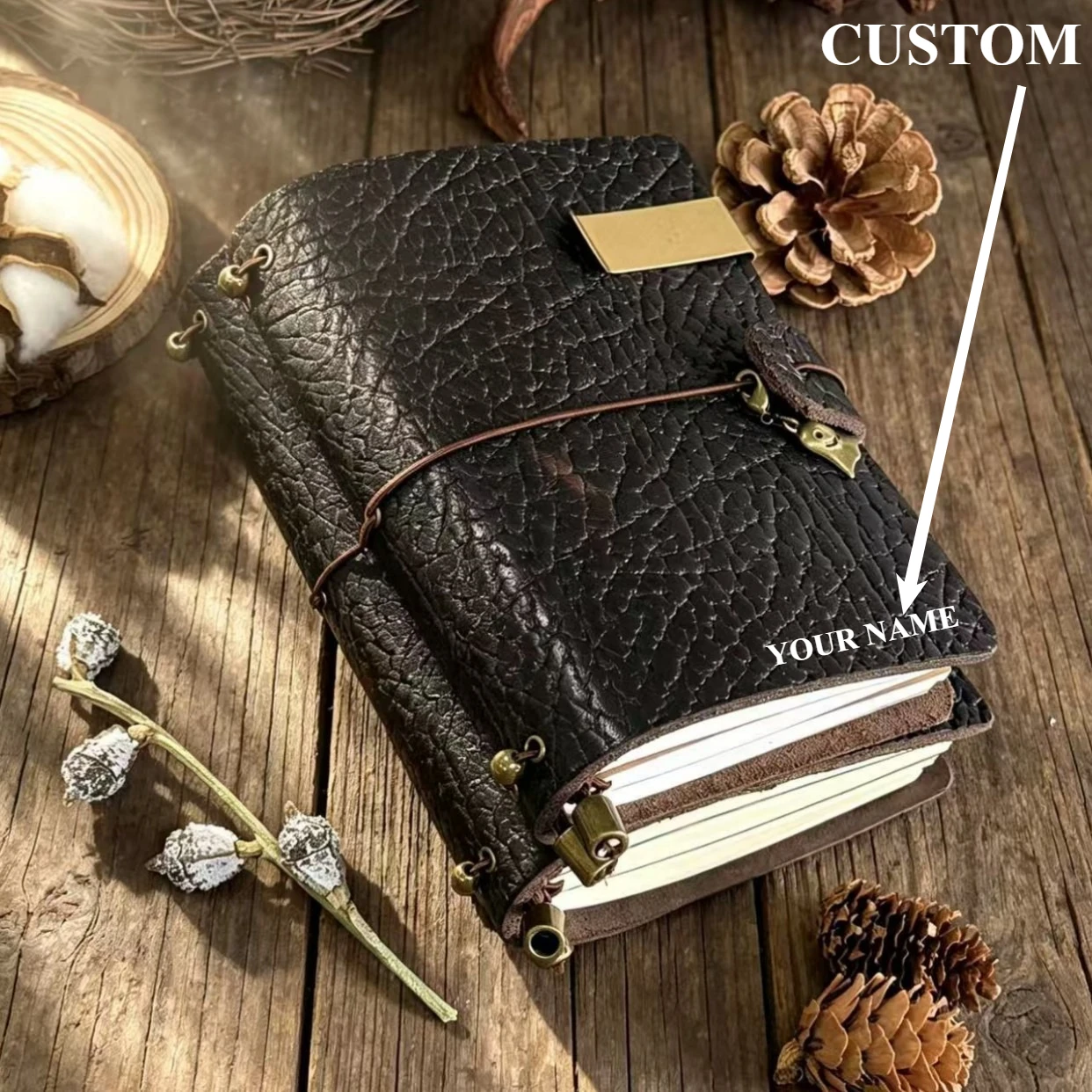 Vintage Bison Grain Leather Traveler Notebook Floral Embossed Loose Leaf TN Journal Business Diary Planner Custom Engraving