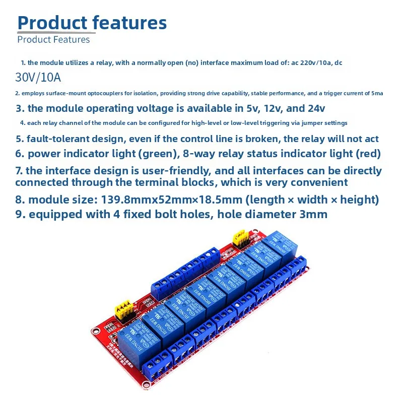 8 Channel 5V Optocoupler Isolated Relay Module, High/Low Level Trigger, AC 220V 10A DC 30V 10A, for PLC Arduino