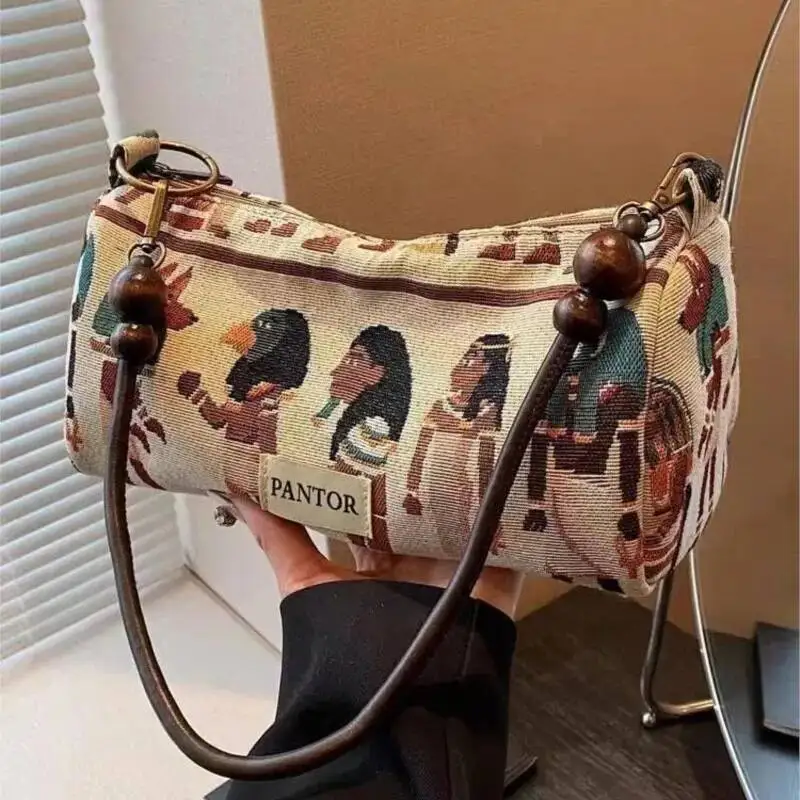 Retro Pharaoh Cartoon Print Tote Women Bohemian Style Fun Cute Large Capacity Shoulder Bag Ladies Fashion Casual Handbag New