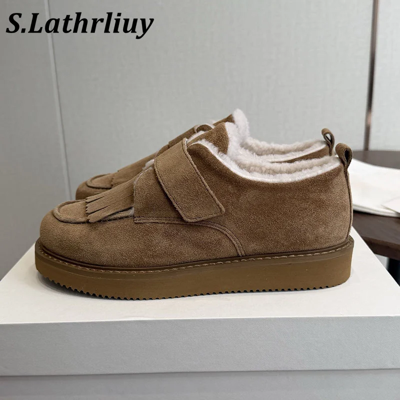 Women's Low Top Flat Shoes Round Head Comfortable Flat Shoes Winter Thick Bottom True Fur Lining Multi functional Casual Shoes