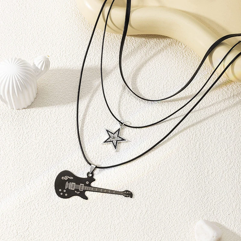 Stern Anhänger Vintage Halskette Punk Stern Halsband Rock Roll Gitarre Layered Halskette Für Frauen Männer Eboy Egirl Bar Party Schmuck