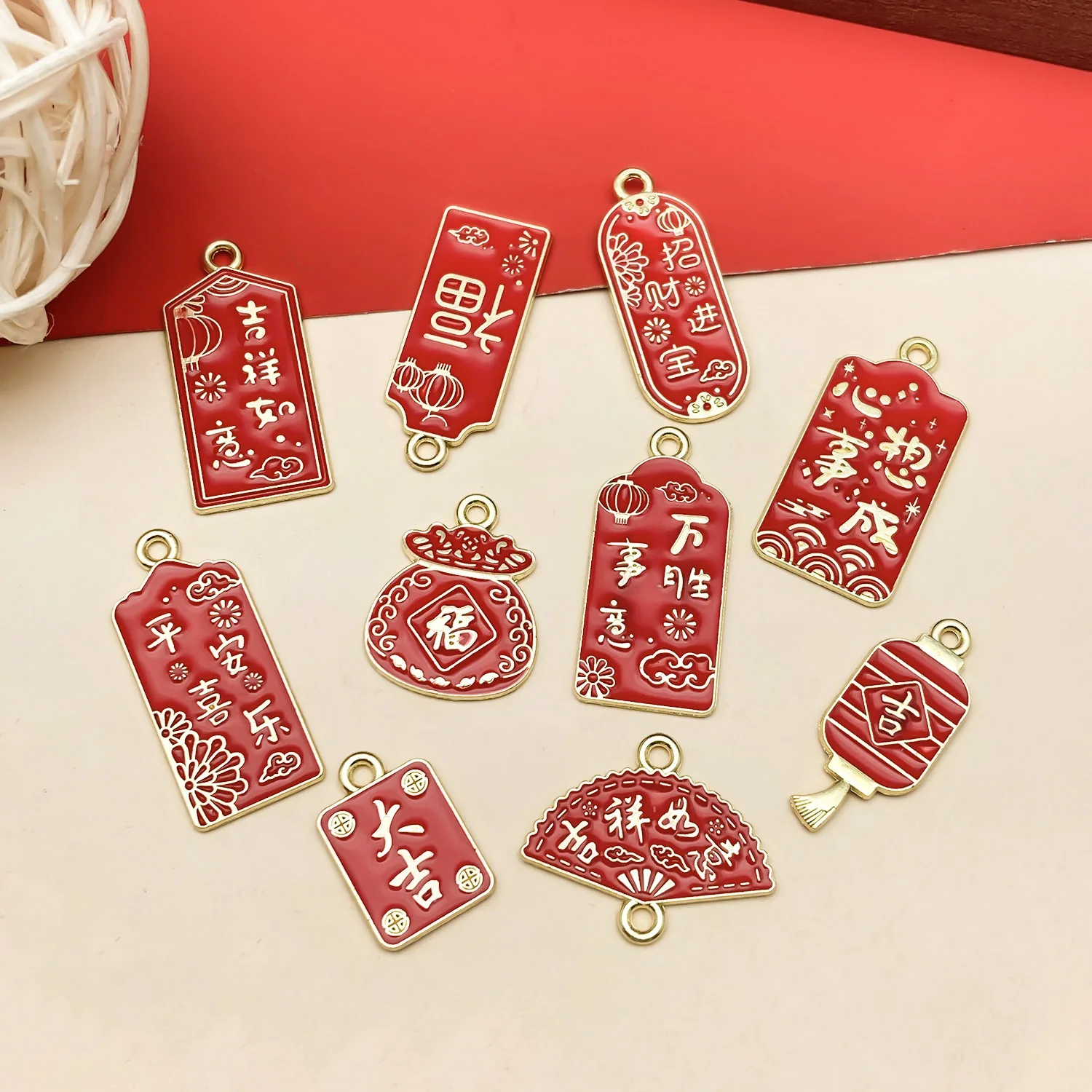 5/10pcs New Year Red Chinese Style Charms New Year Wishing Words Pendants For DIY Jewelry Making Accessory Spring Festival Gift