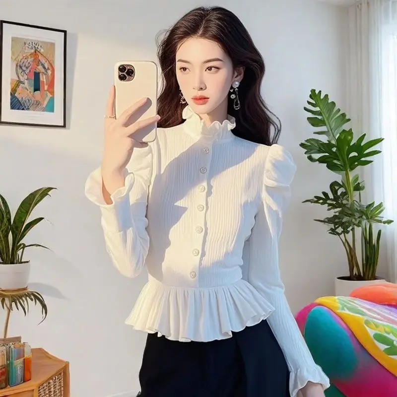 2025 Primavera Autunno Donna Ruffles Manica intera Bianco Vintage Stile francese Camicia bianca, Camicie da donna femminili